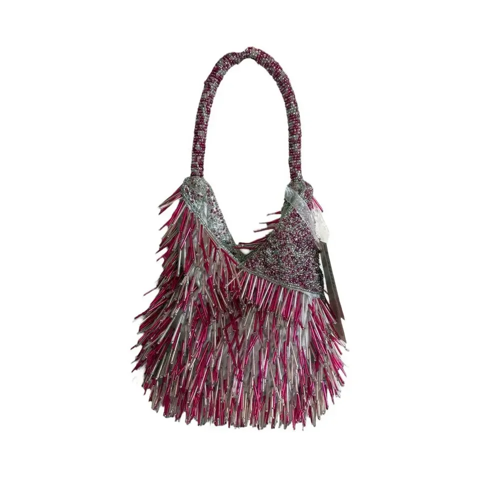 New Handcrafted in India Pink White Beaded Shoulder Bag